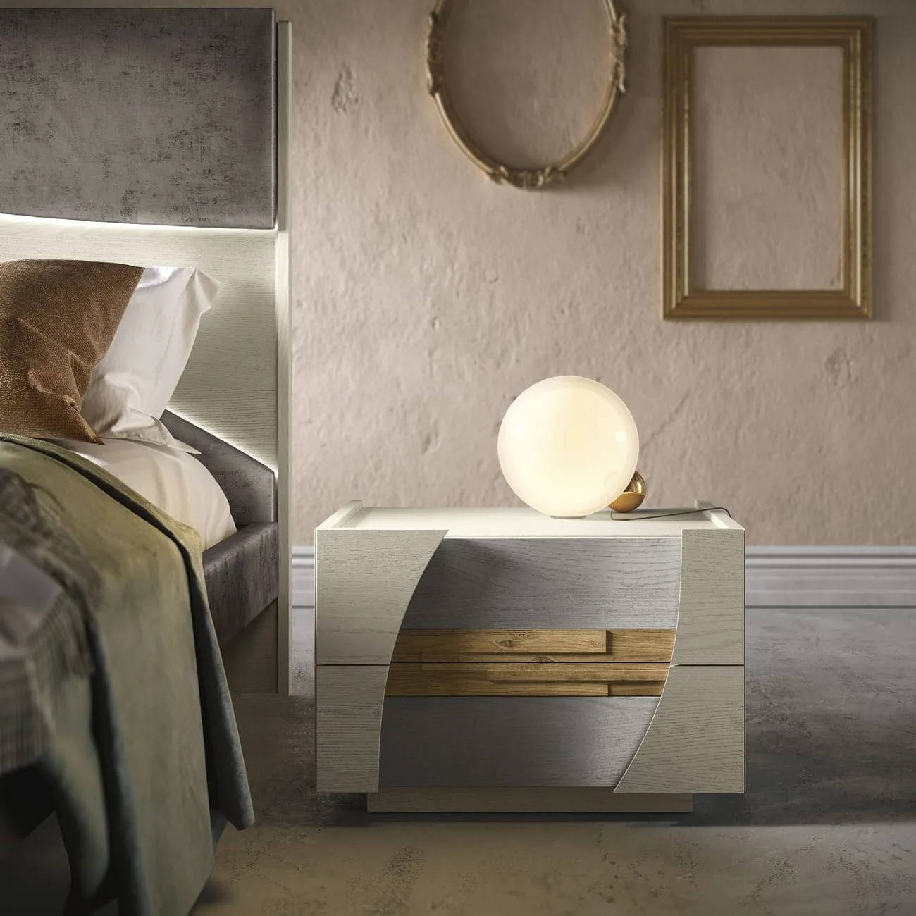 Comodino Reflex Adriatica bianco con fascia in legno e lampada