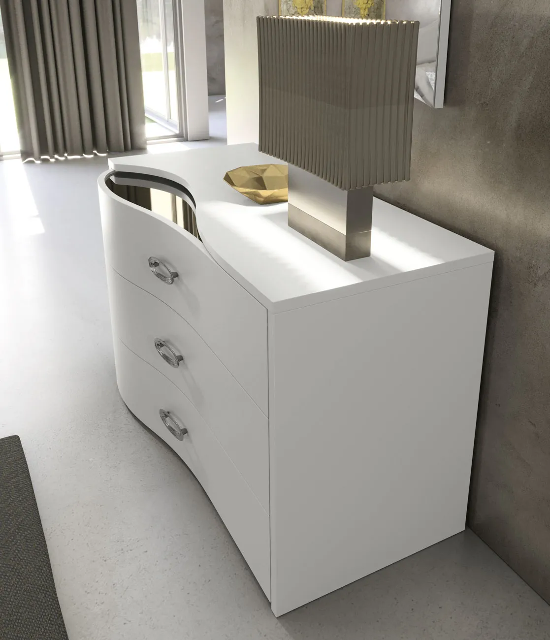 Comò Perla Adriatica bianco con frontali curvi e maniglie decorative