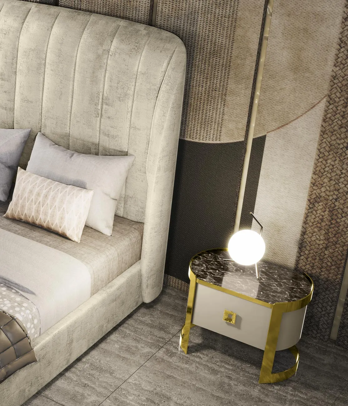Comodino Kursaal Adriatica con fascia oro accanto al letto imbottito