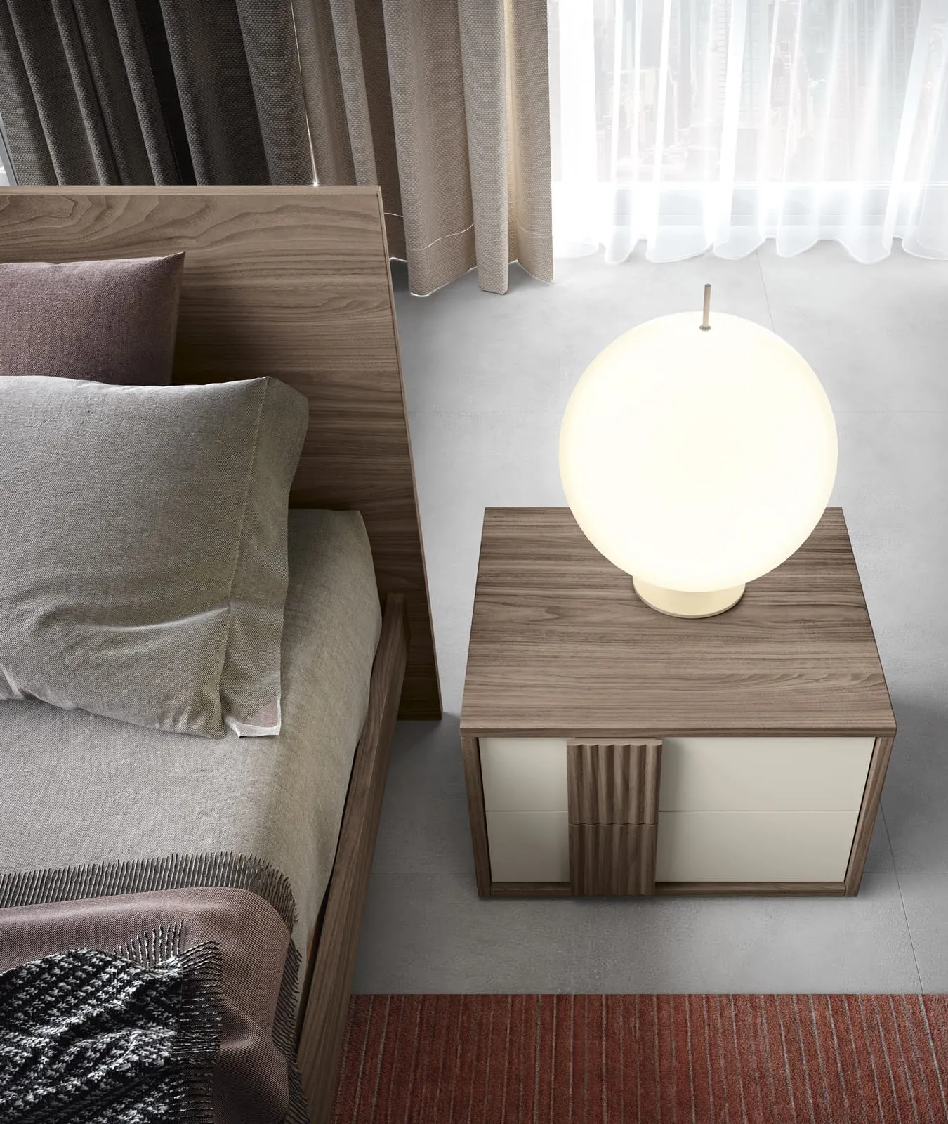 Comodino Box Adriatica con struttura in legno e lampada a sfera