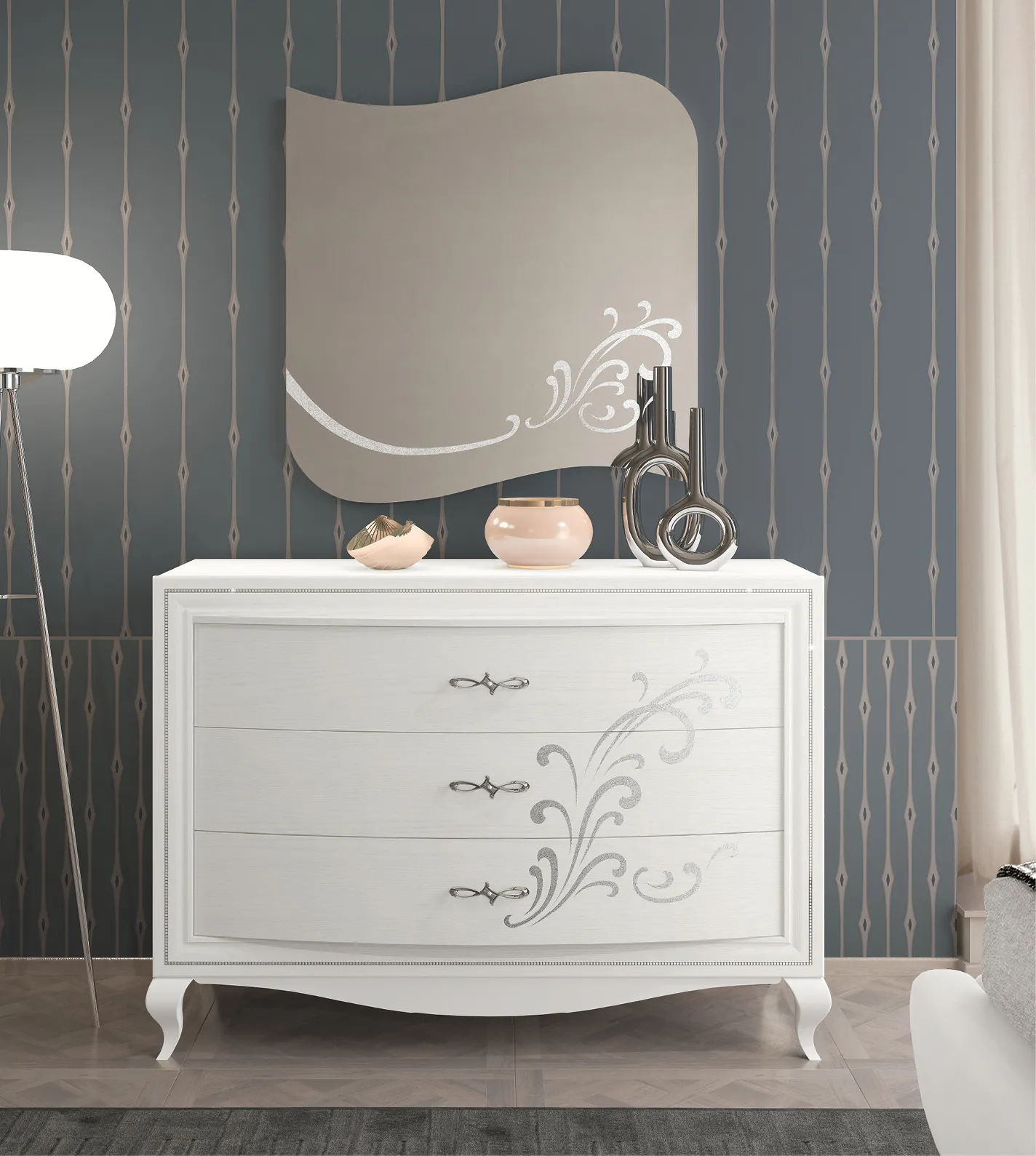 Comò Kelly Adriatica bianco con decoro floreale glitter