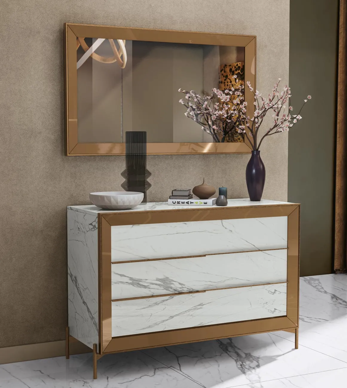 Comò Dorè Adriatica con frontali effetto marmo e cornice in legno