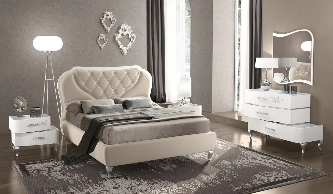 Letto Smeraldo Adriatica con testiera capitonnè beige in camera Tablet