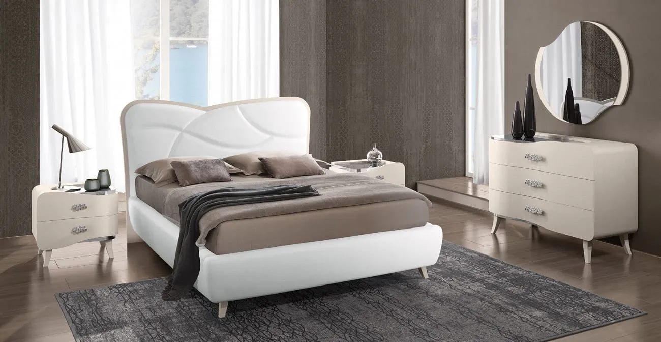 Letto Zaffiro Adriatica bianco con testiera a curve e specchio tondo