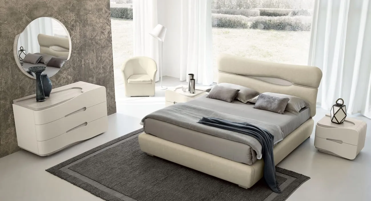 Letto Fly Adriatica beige con comò e specchiera tonda