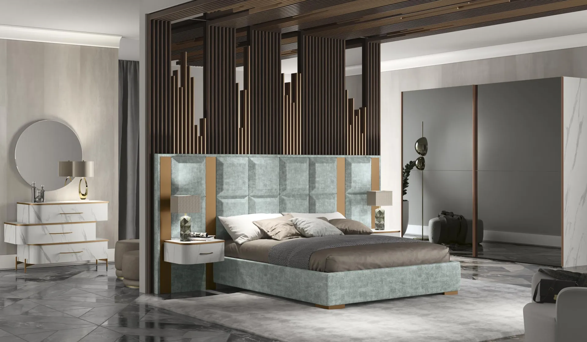 Letto Meraviglia Adriatica con testiera a riquadri azzurri in camera Luxury