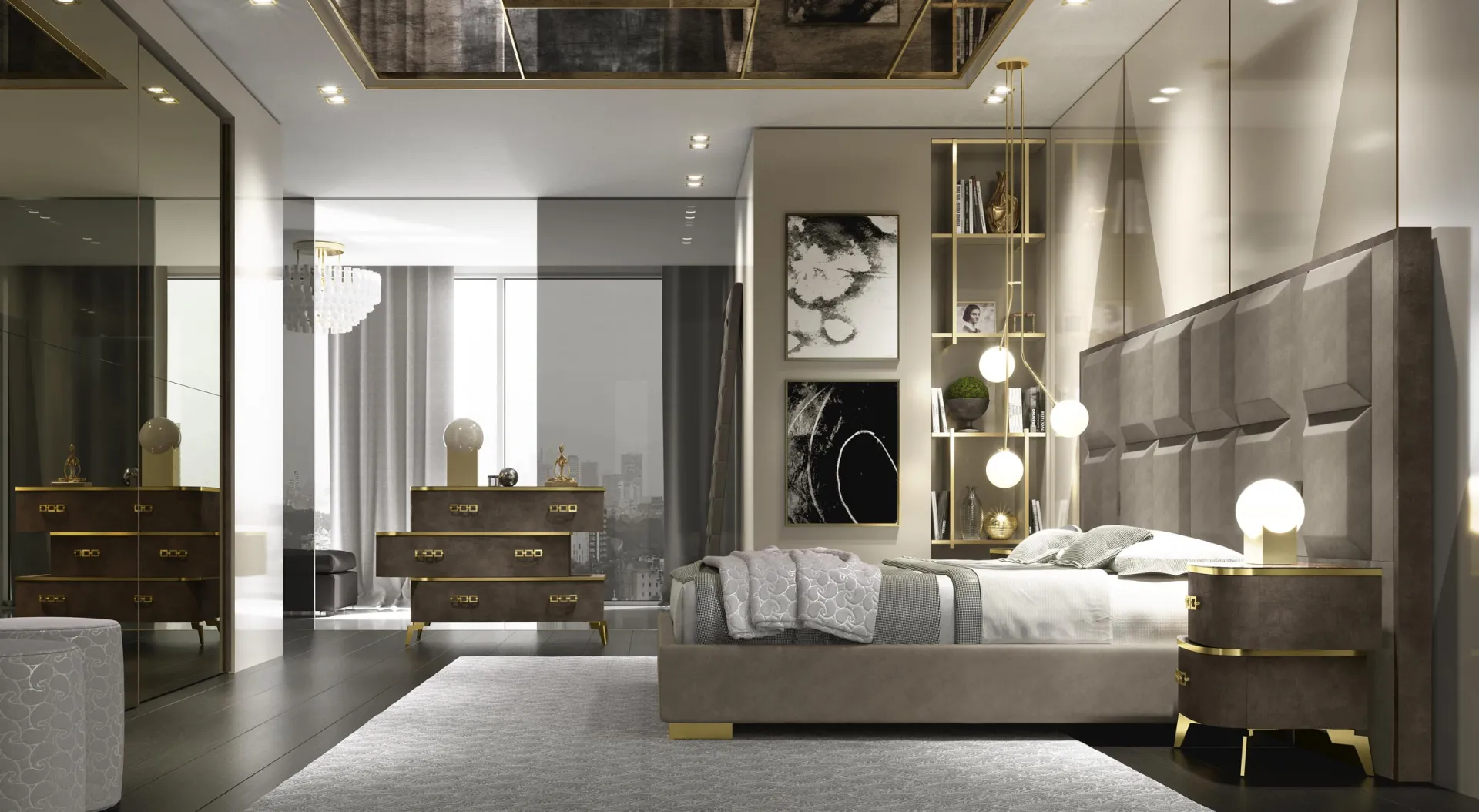 Letto Meraviglia Adriatica tortora con boiserie e comò