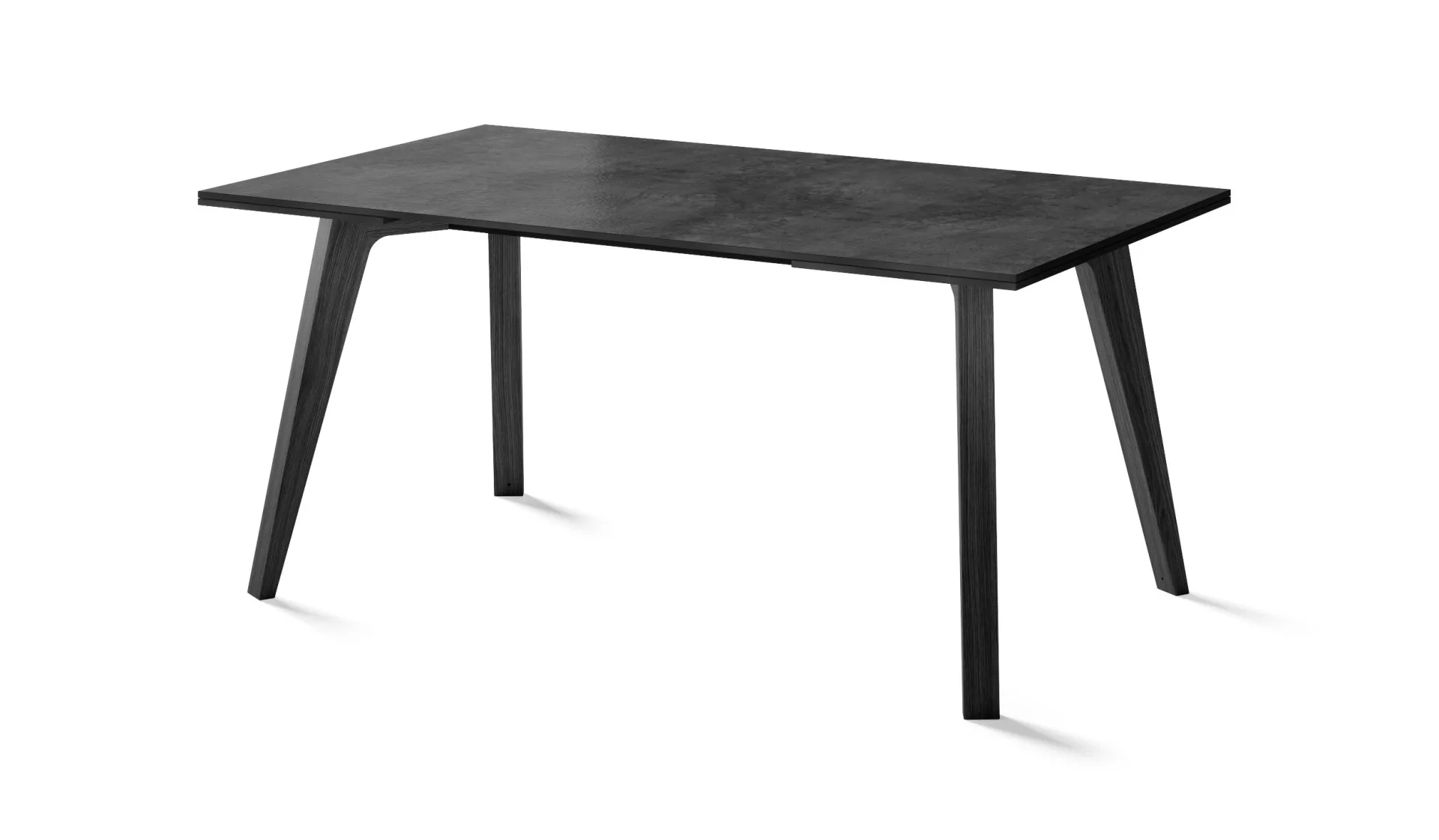 Tavolo Motus Scavolini su fondo bianco, con piano scuro e gambe rastremate in rovere