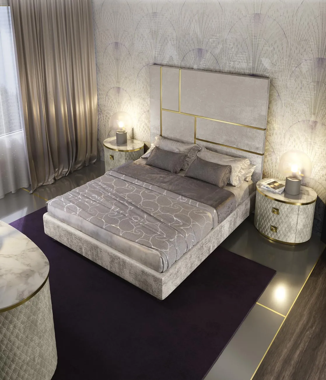 Letto Astra Adriatica in velluto chiaro con comodino