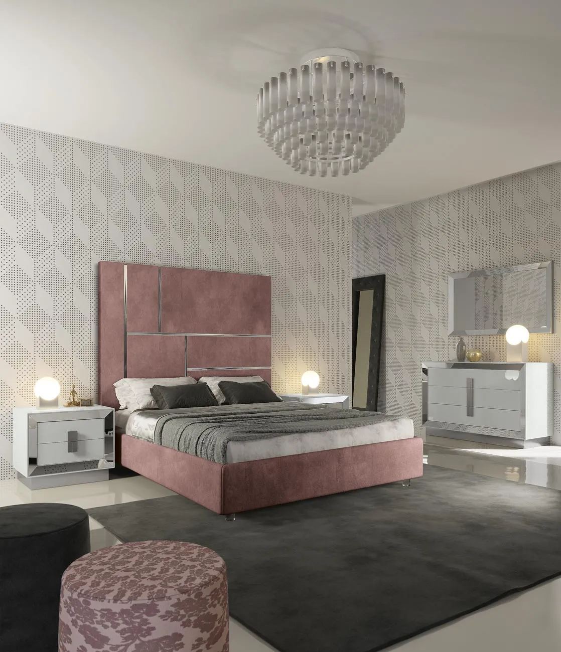 Letto Astra Adriatica rosa antico sotto un lampadario di cristallo