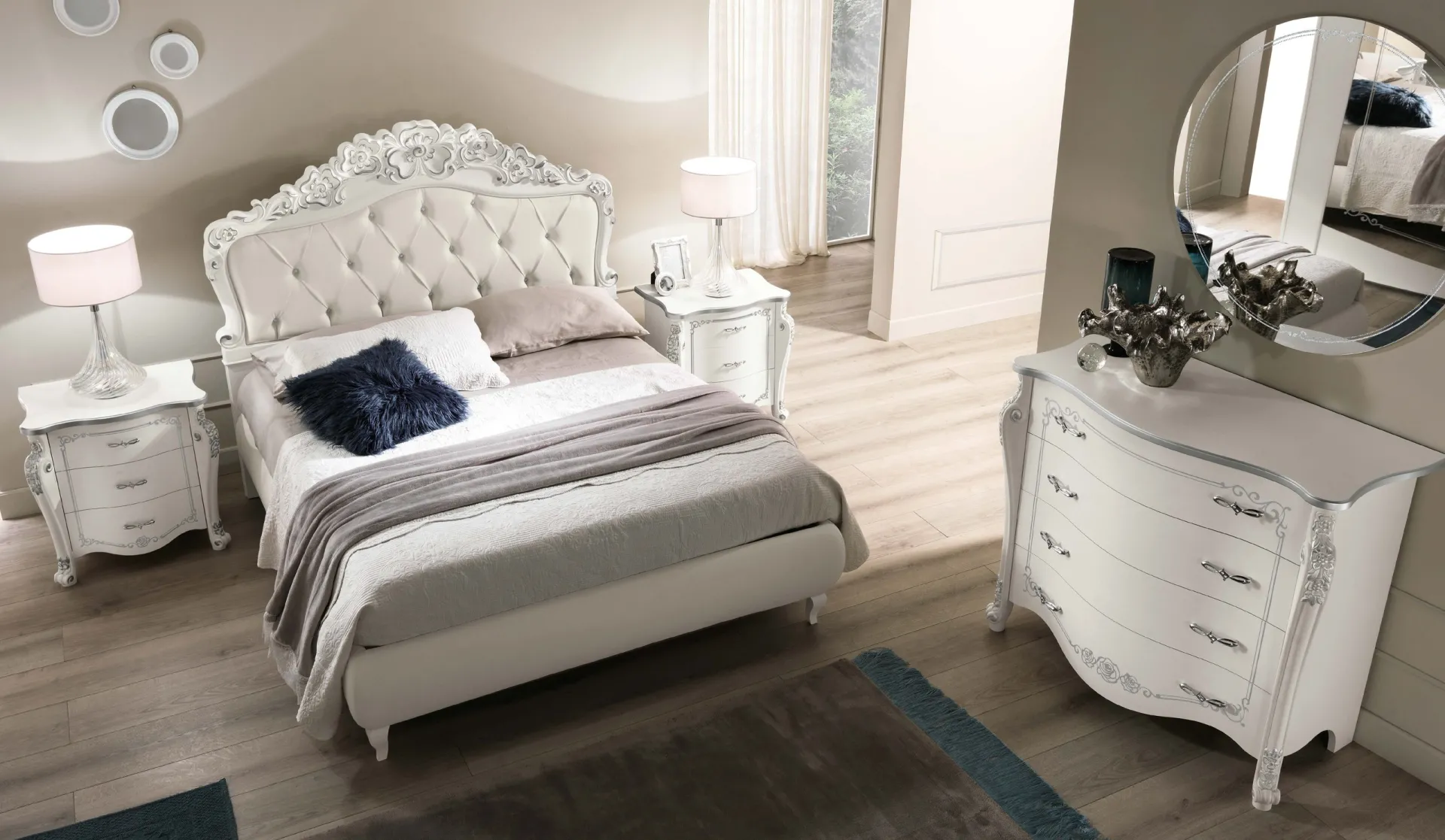 Letto Pandora Adriatica bianco con comò intagliato