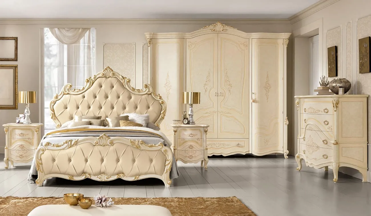 Letto Romantica Adriatica con testiera capitonnè e comò