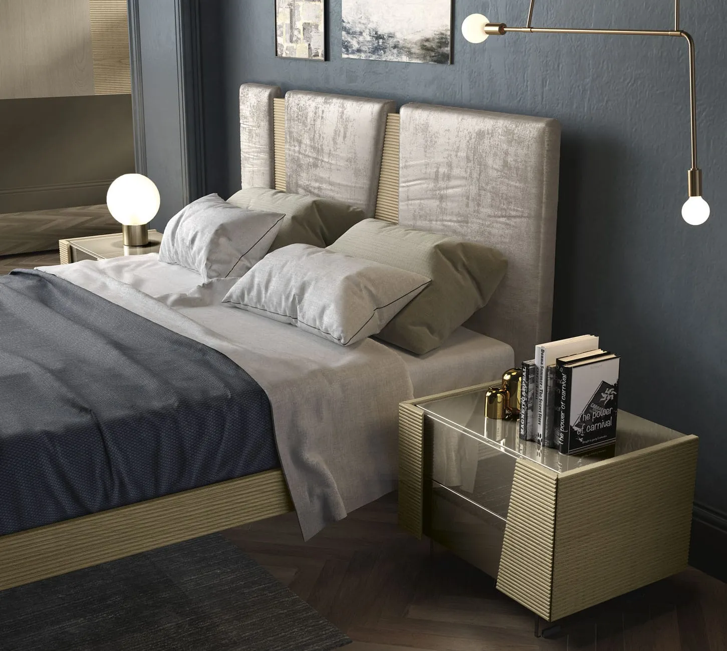 Letto Line Adriatica con testiera a canali e comodino in legno