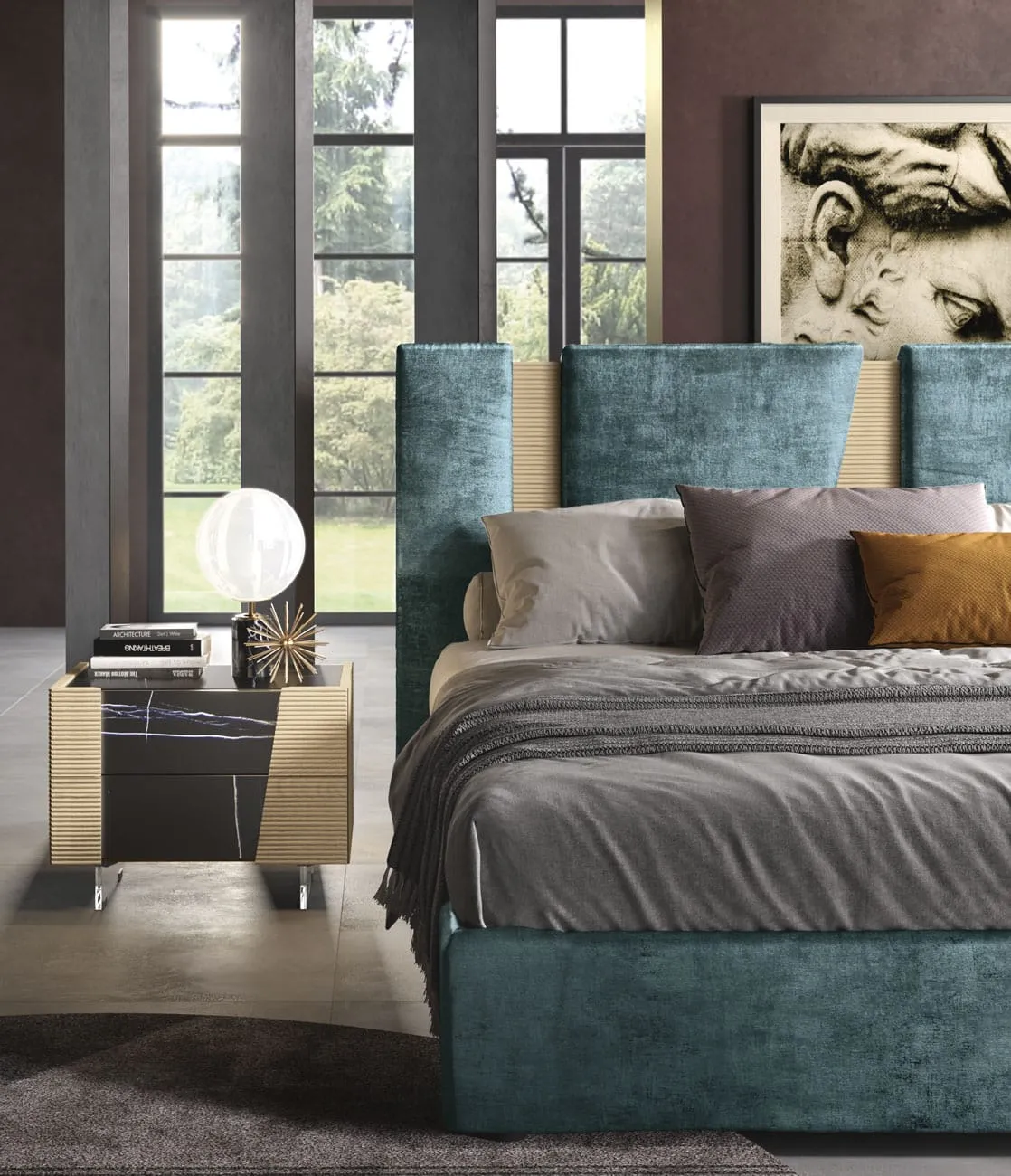 Letto Line Adriatica con testiera ottanio in camera Green