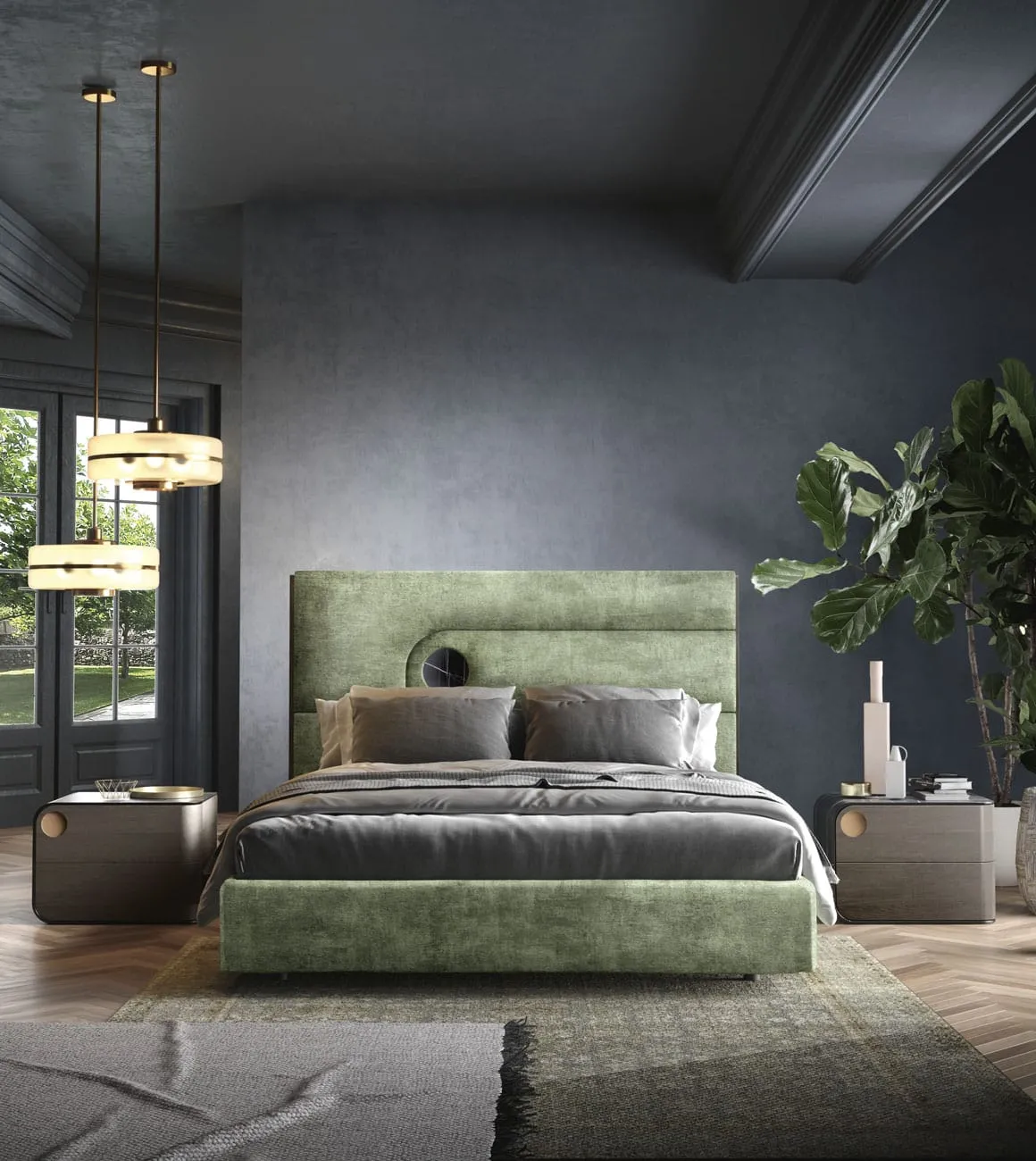 Letto Opus Adriatica con testiera verde salvia in camera Green