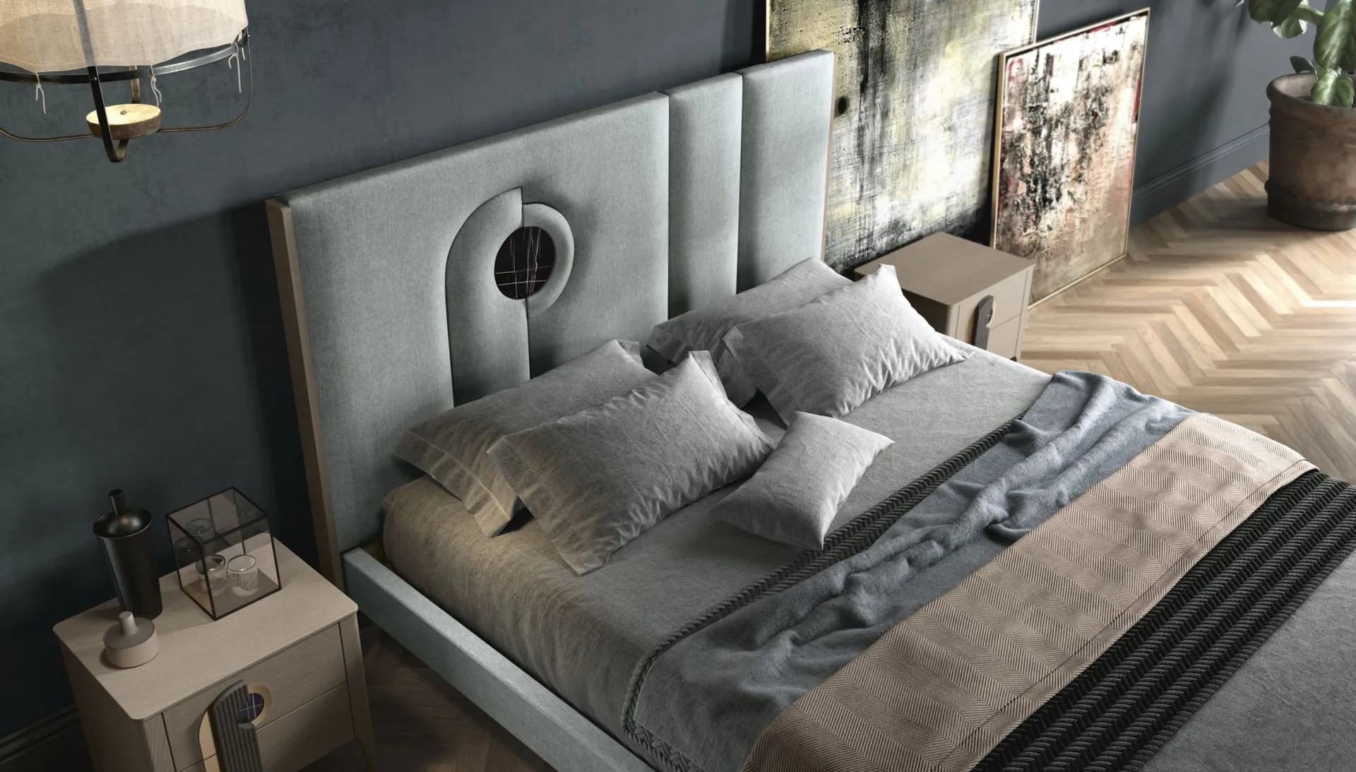 Letto Mood Adriatica azzurro con comodino su parquet a spina