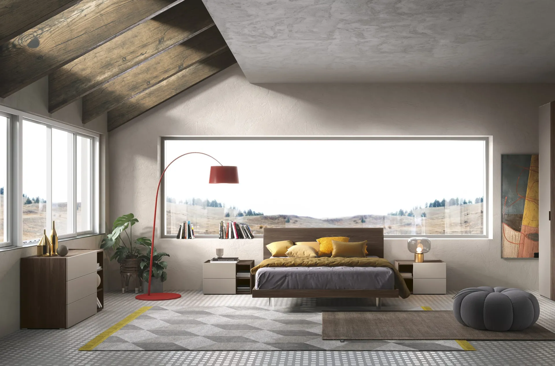 Letto Plank Adriatica in camera mansardata con grande finestra