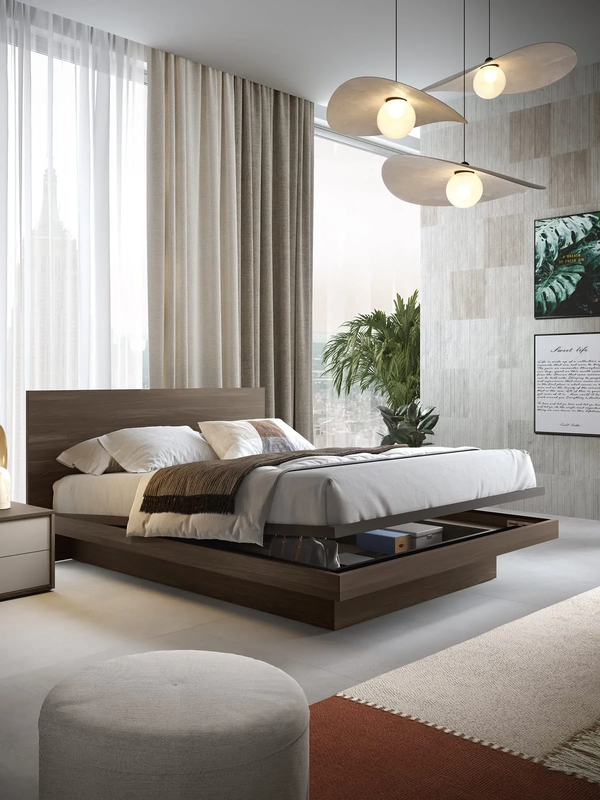 Letto Plank Adriatica basso con lampade a sospensione