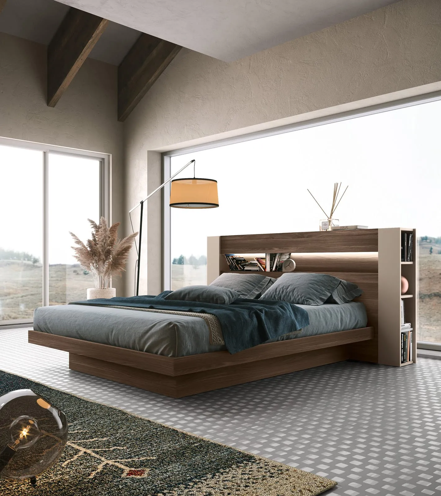 Letto Hole Adriatica noce con lampada a sospensione