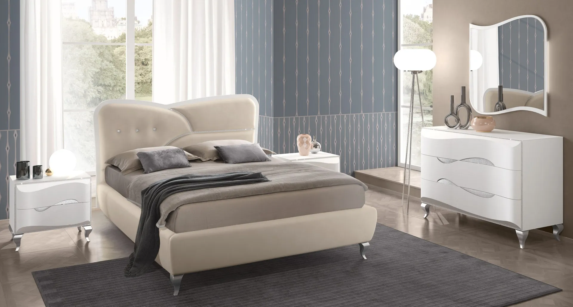 Letto Dolly Adriatica beige su piedi con comò bianco