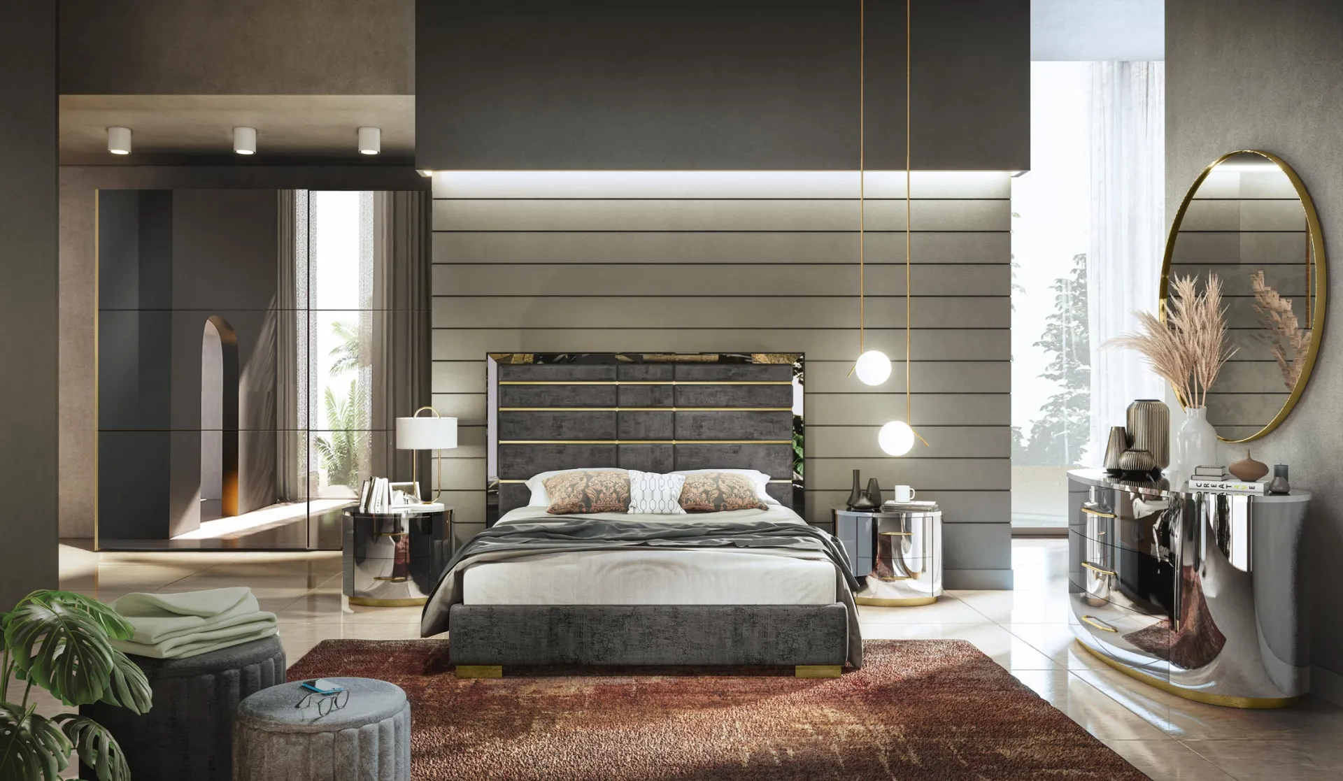 Letto Mirto Adriatica con testiera imbottita e boiserie in camera Luxury