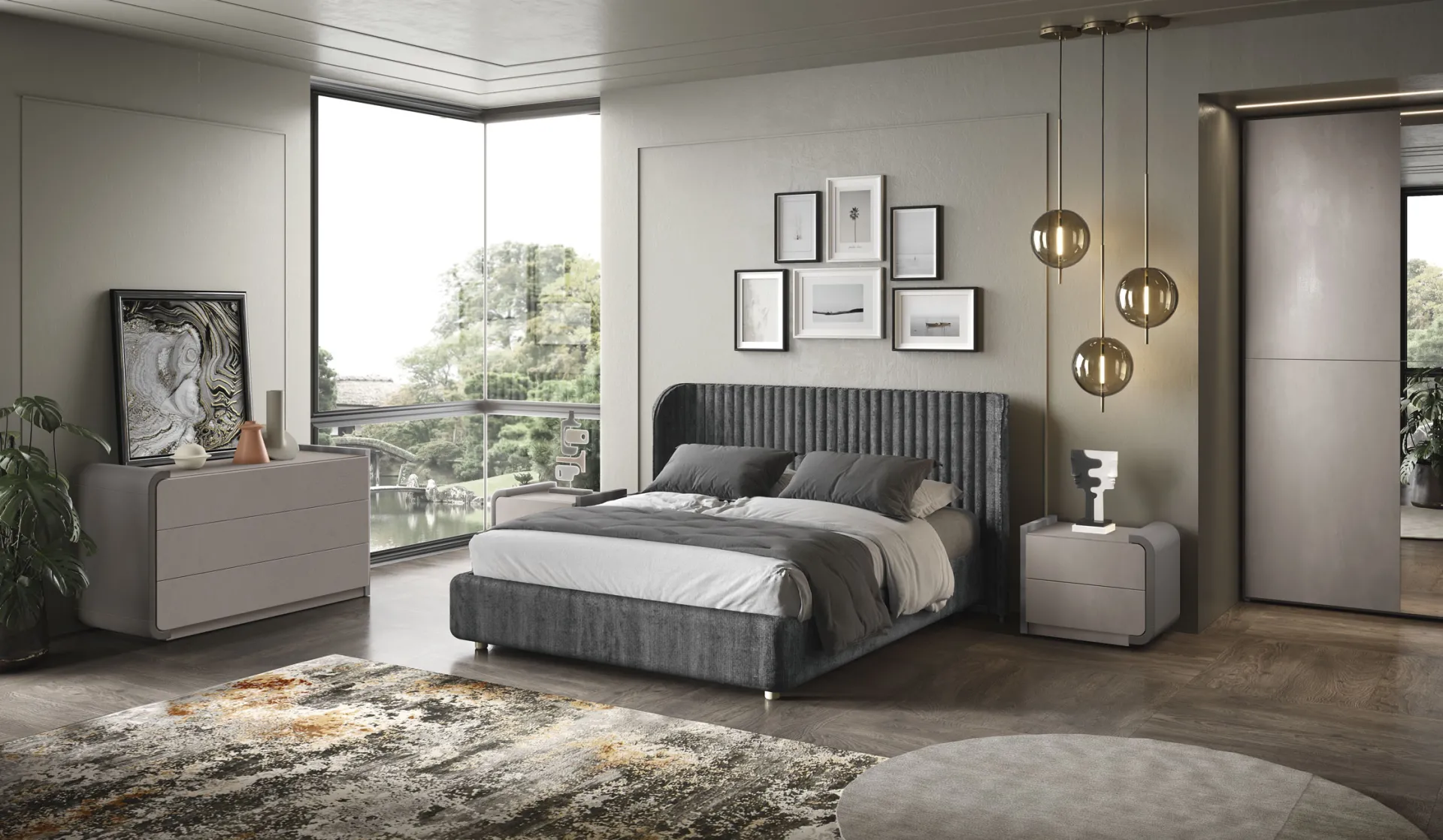 Letto Ikelo Adriatica grigio in camera con finestre a tutta altezza