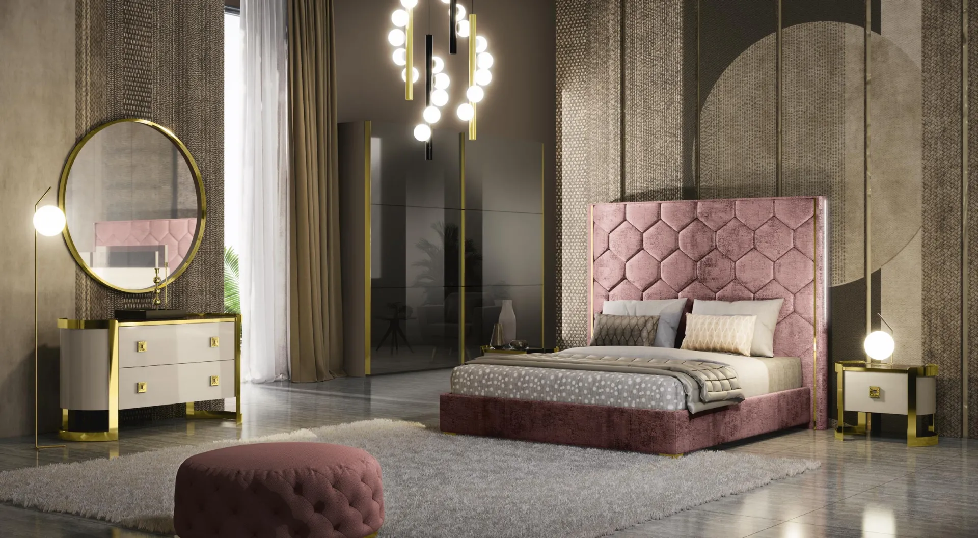 Specchiera tonda Kursaal Adriatica dorata in camera con letto rosa