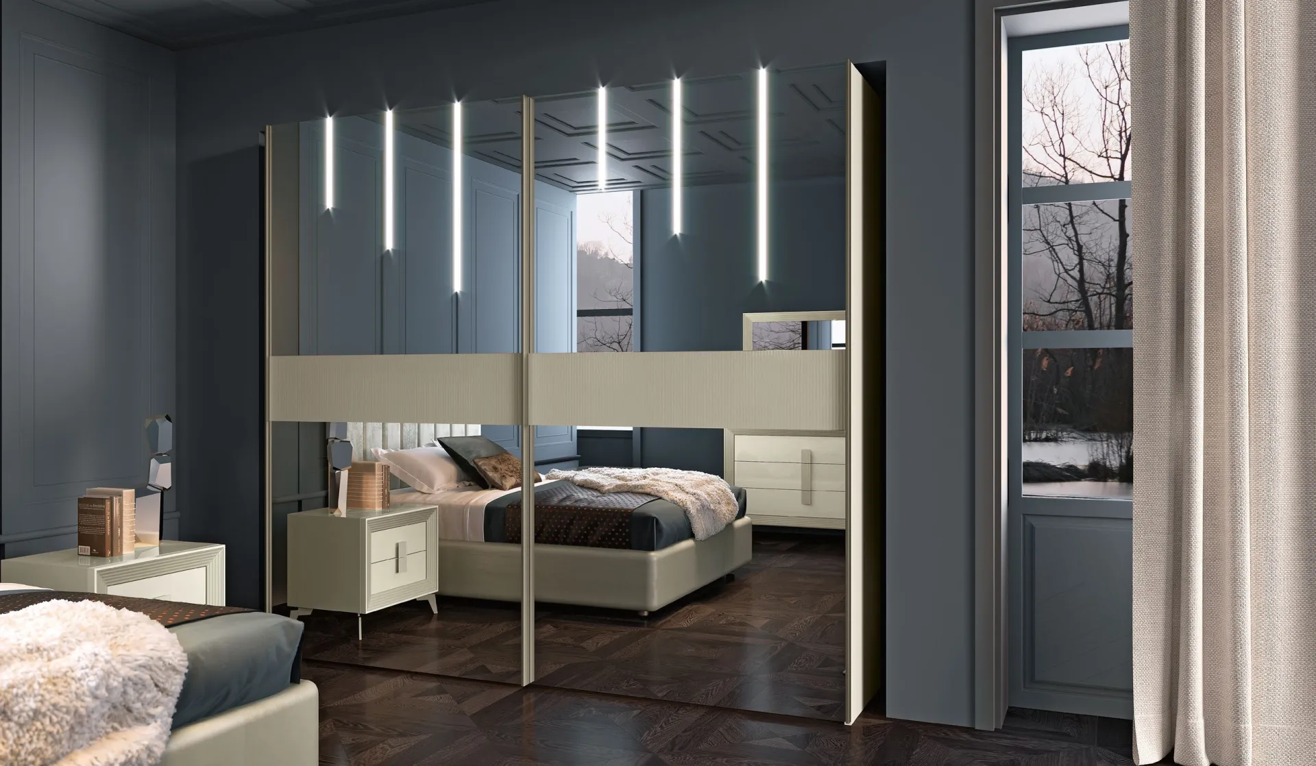 Armadio Boemia Adriatica con ante a specchio e LED verticali in camera da letto