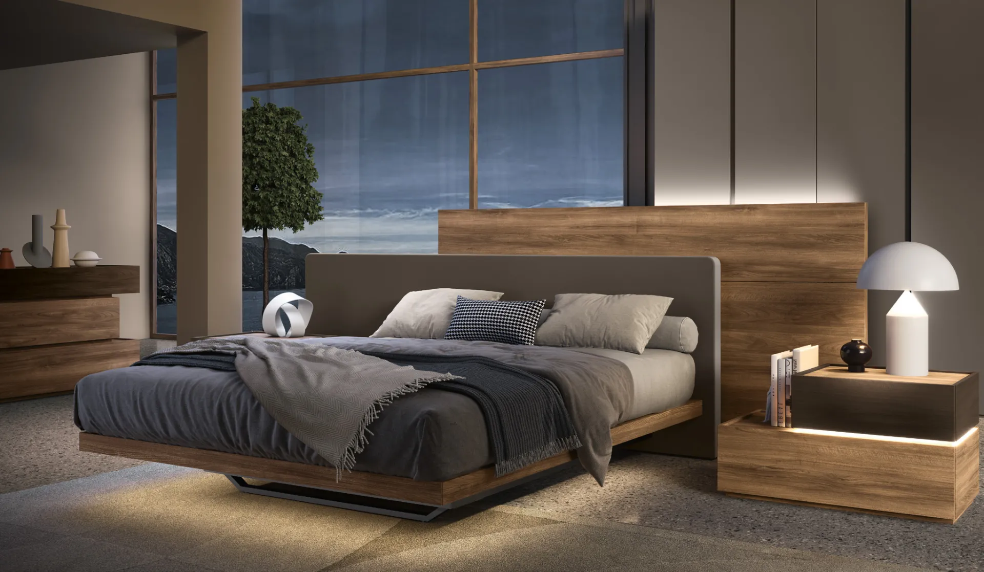 Letto Dual Adriatica con testata in noce e tessuto e luce LED sotto il giroletto