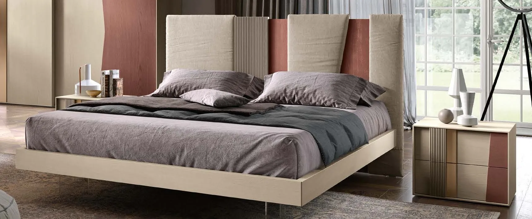Letto contenitore Soft Adriatica in ecopelle bicolore con testata a pannelli