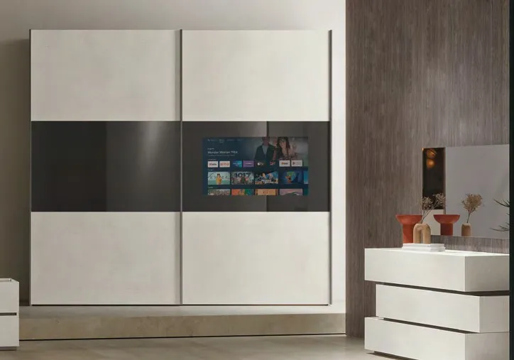 Armadio City Adriatica cemento con fascia in vetro fumè e TV integrata