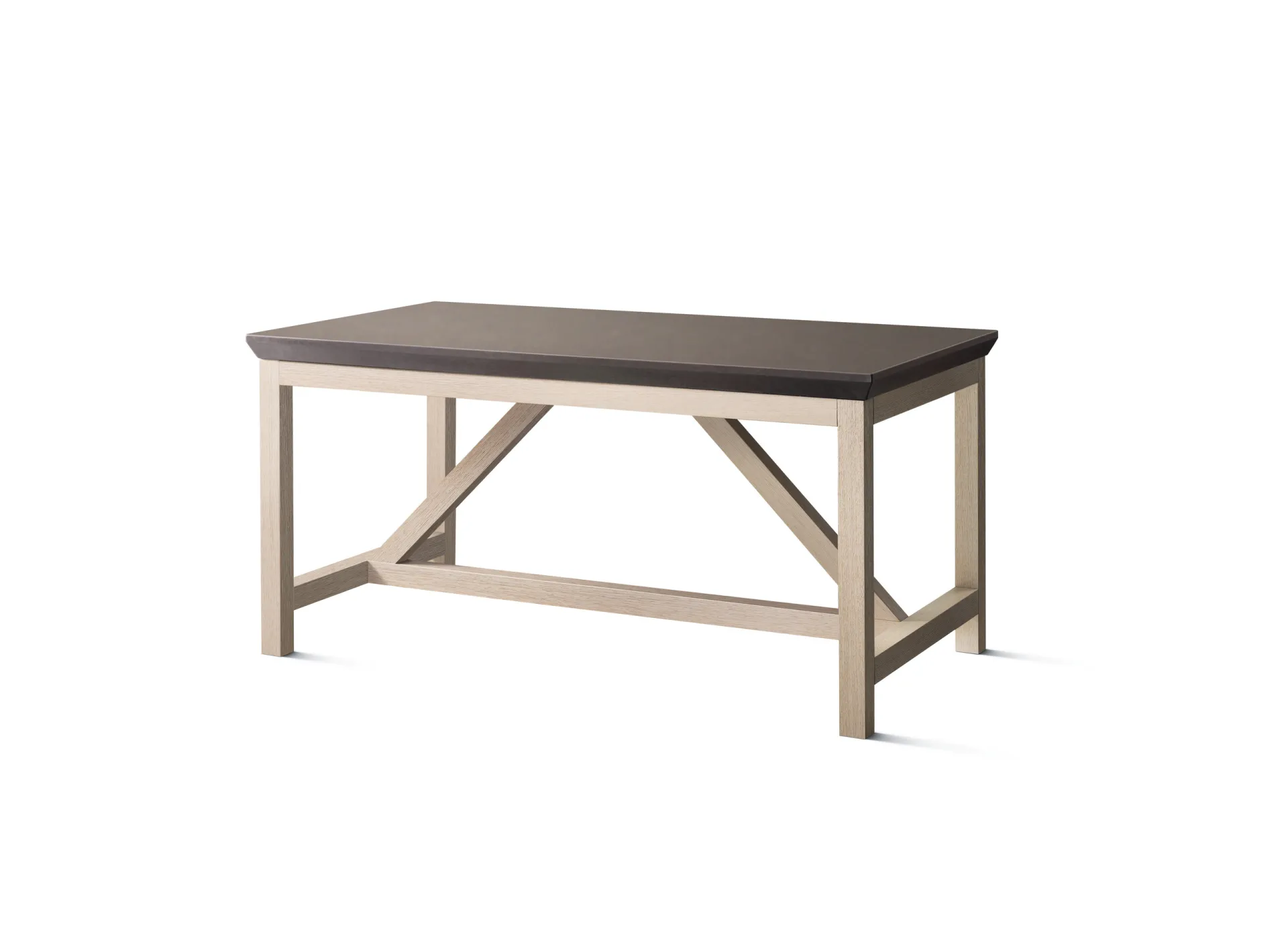 Social Floating Table Scavolini su fondo bianco, con base a cavalletto chiara e piano scuro sporgente