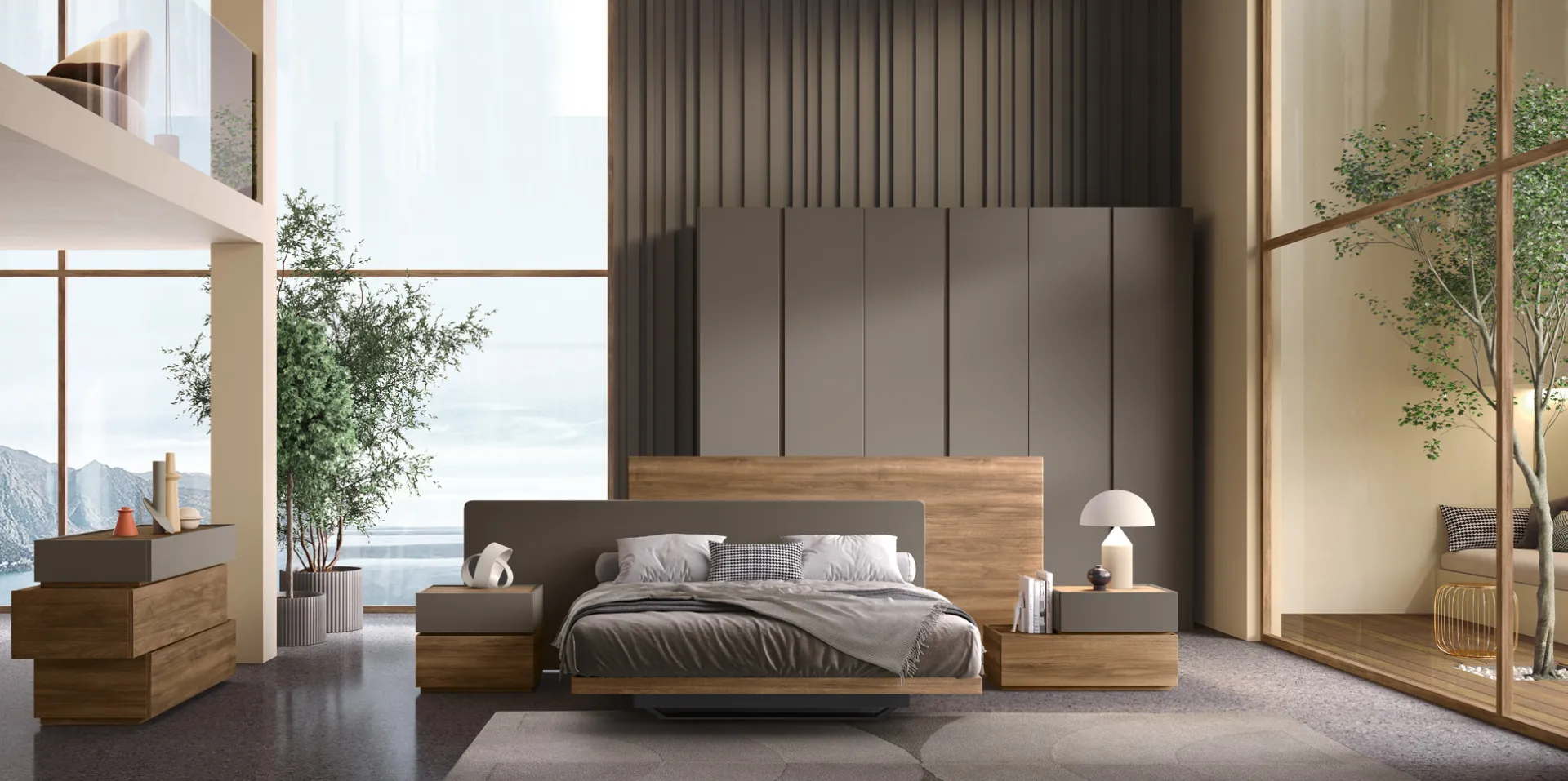 Camera Up Evo Adriatica in antracite e noce cognac con letto Dual e armadio Nek