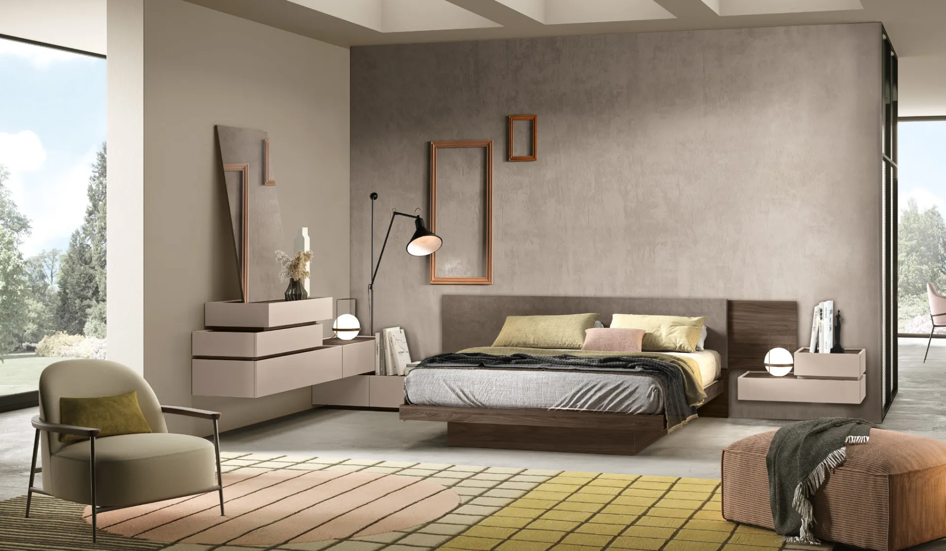 Camera Up Evo Adriatica in grigio e noce brown con letto Nest e contenitore a terra