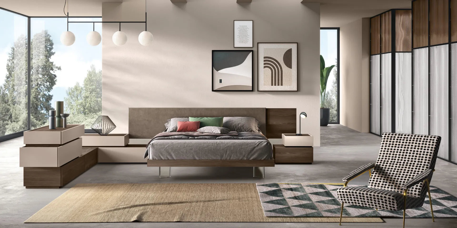 Camera Up Evo Adriatica con letto Nest su piedini in plexiglas ed elementi grigi