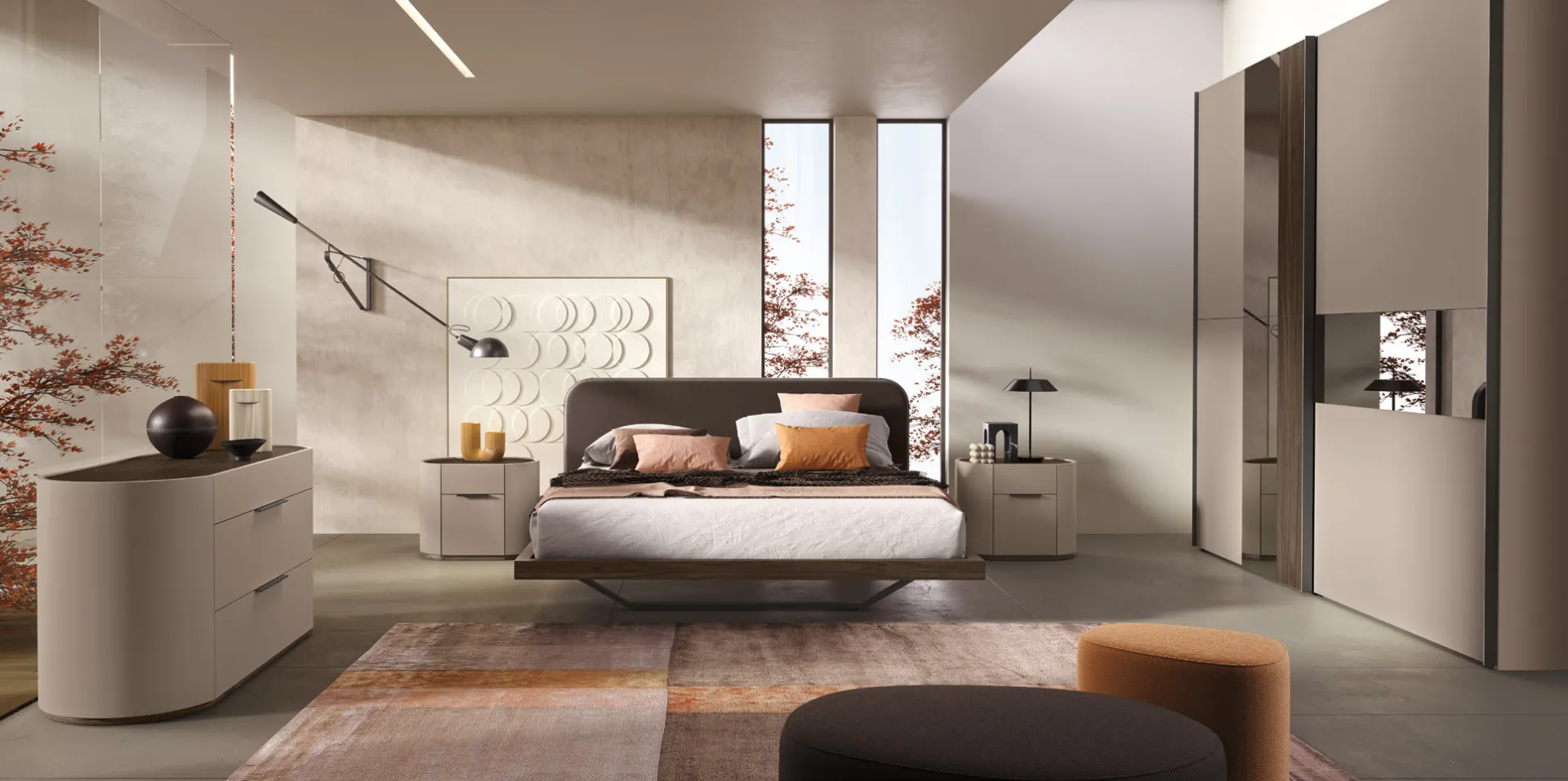 Camera da letto Gold Adriatica con comò arrotondato visone e letto con testiera Elix