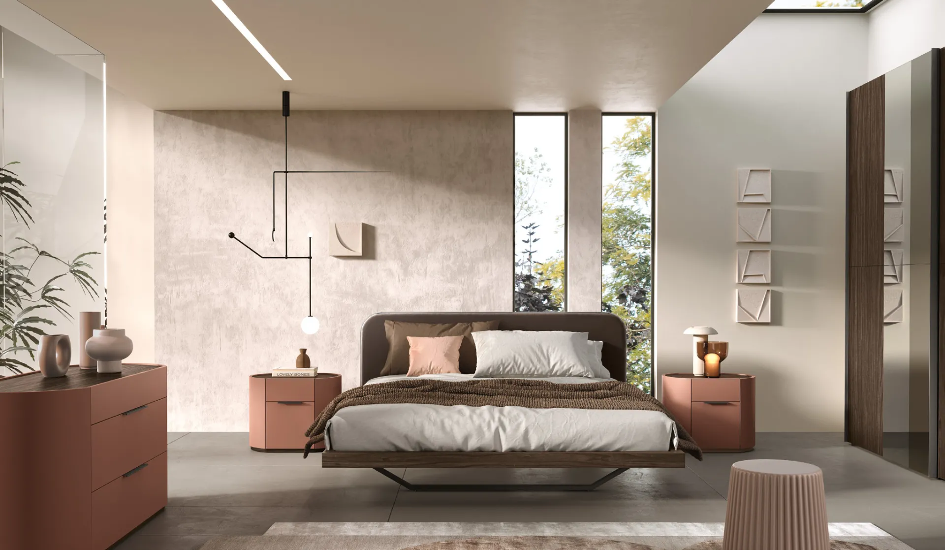 Camera Gold Adriatica in laccato cannella con armadio Tivo e letto Volo in noce
