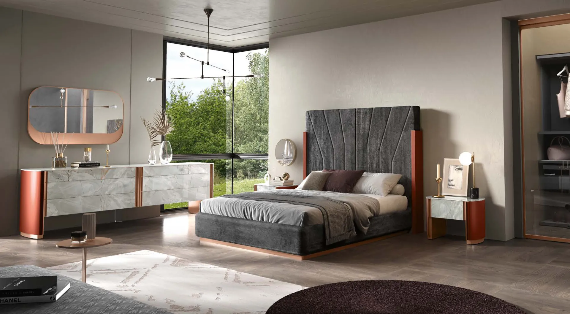Camera da letto Afrodite Adriatica con testiera effetto pietra e comò con fianchi curvi