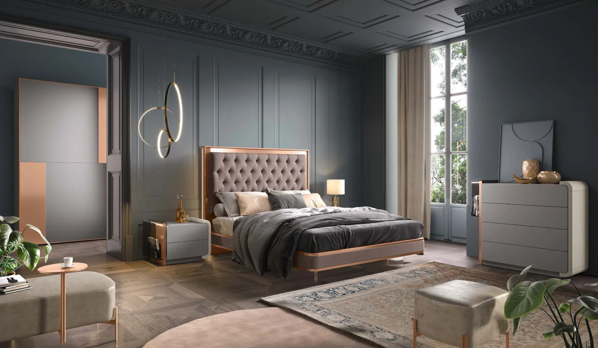 Camera da letto Ares Adriatica con testiera capitonné e cornice color rame