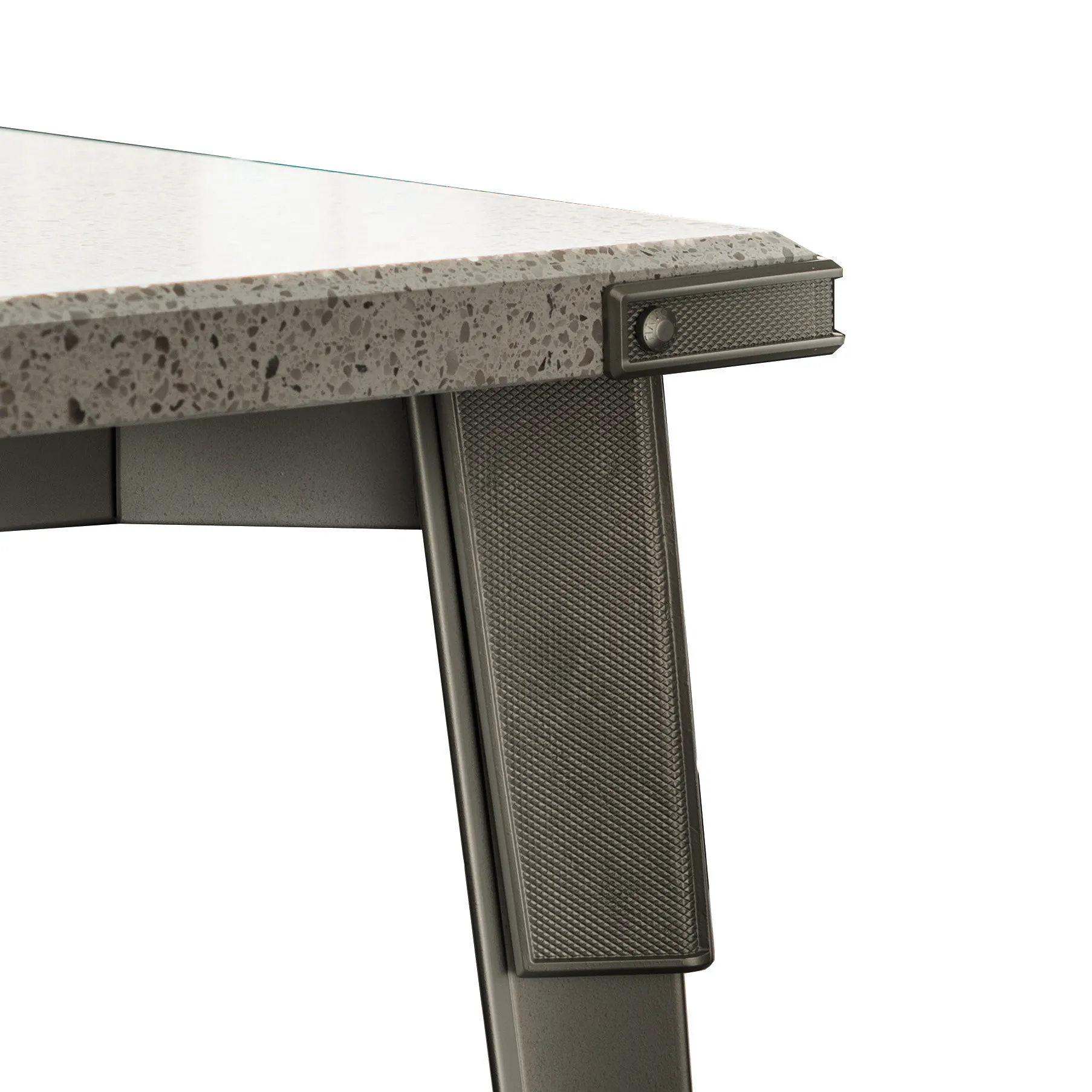Dettaglio della gamba in acciaio con piastra rivettata dell'Open Workshop Table Scavolini