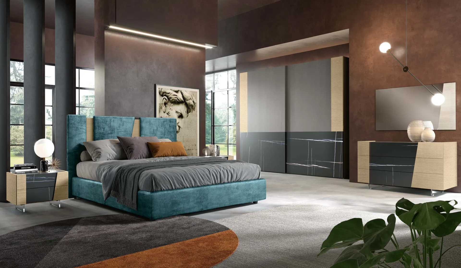Camera Line Adriatica con letto in tessuto azzurro e armadio con ante bicolore