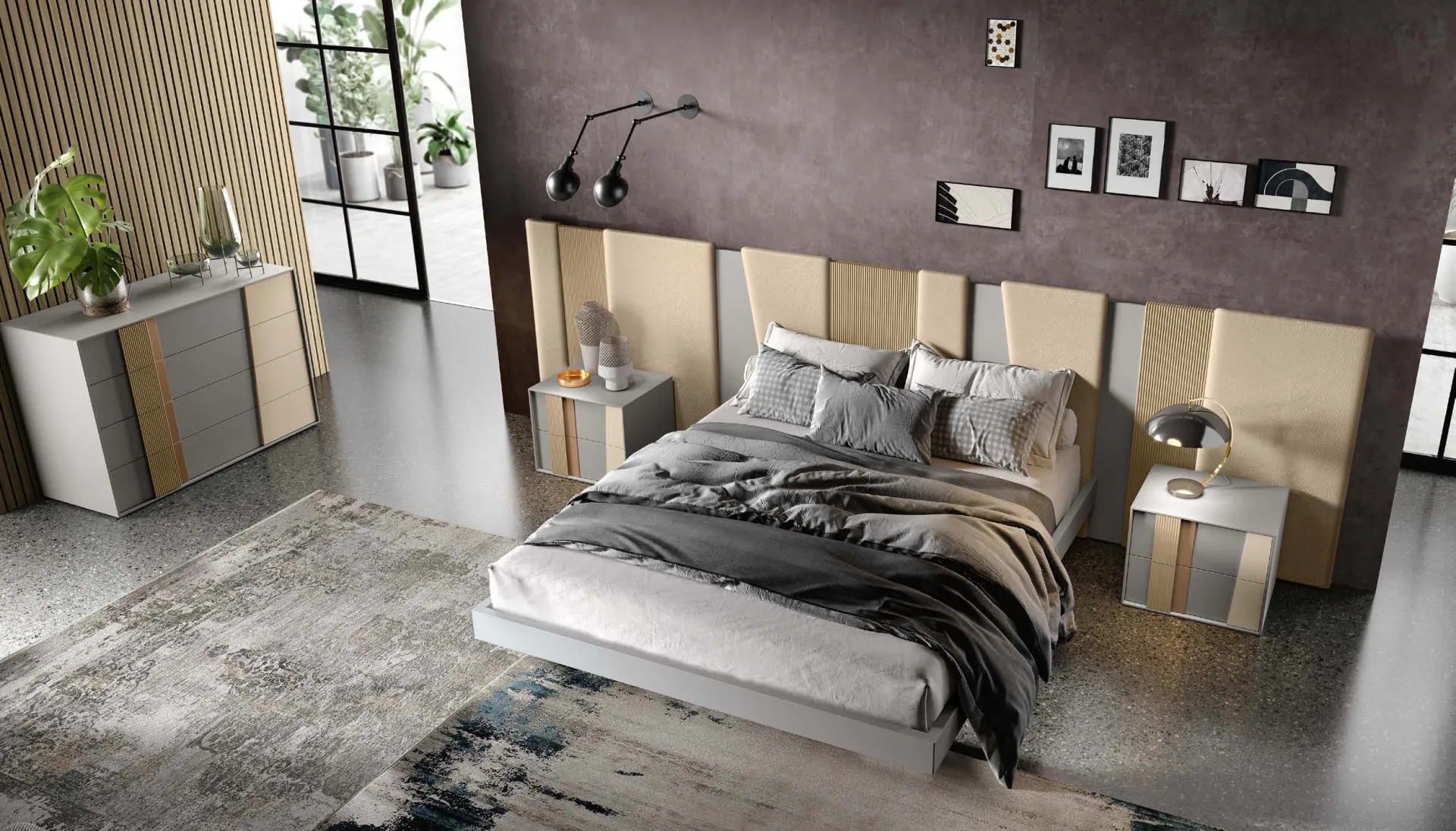 Camera Ring Adriatica con letto chiaro e comò con dettaglio circolare