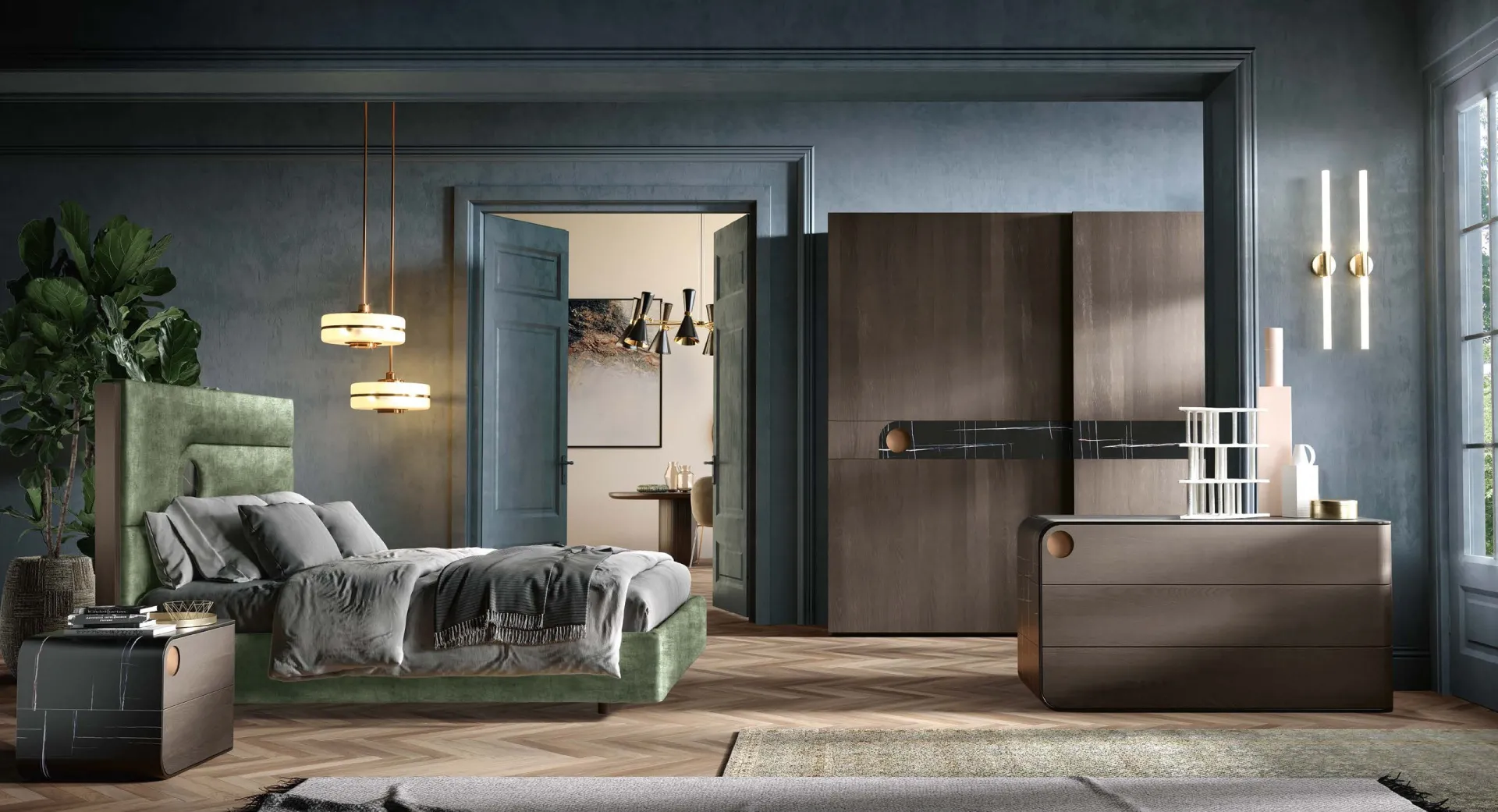 Camera da letto Opus Adriatica con letto in tessuto verde e comò curvo