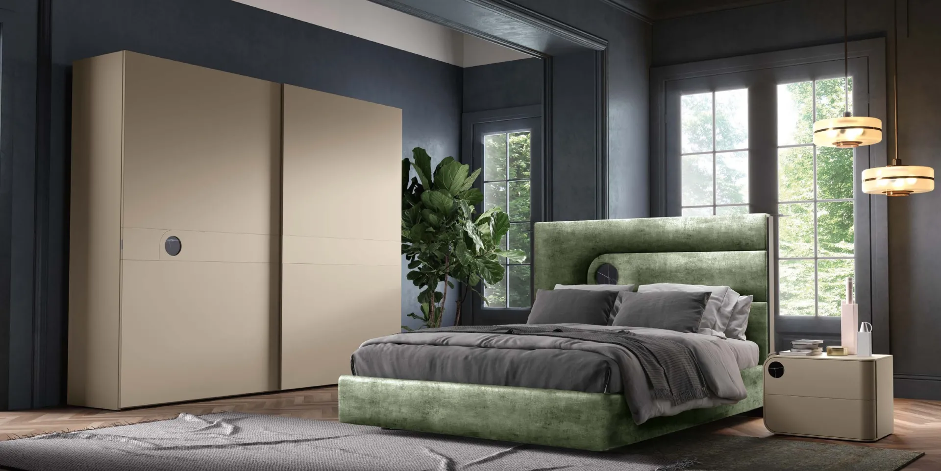 Camera Opus Adriatica con armadio scorrevole chiaro e letto verde