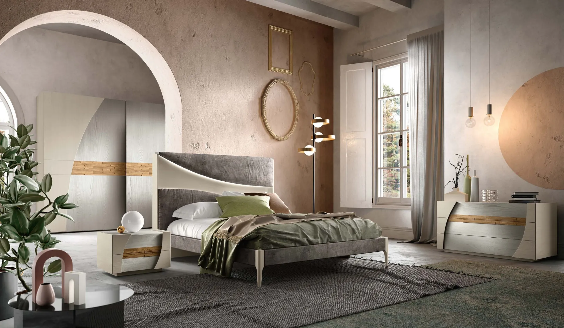 Camera da letto Reflex Adriatica con testata sagomata illuminata e comò in frassino