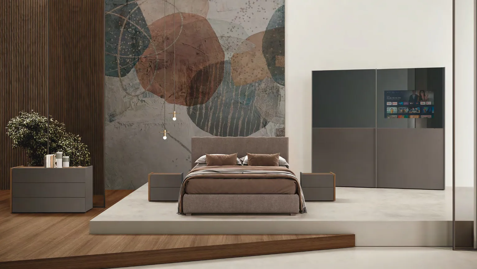 Camera Sound Adriatica con armadio TV in vetro fumè e letto Accordo