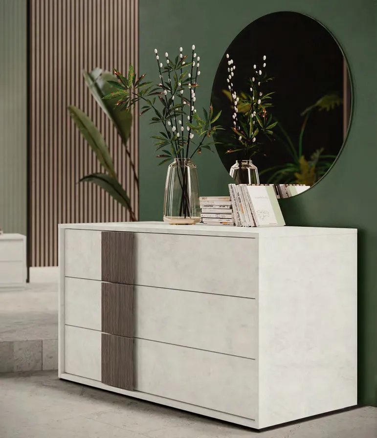 Comò Step Adriatica con fascia verticale in legno e specchio rotondo