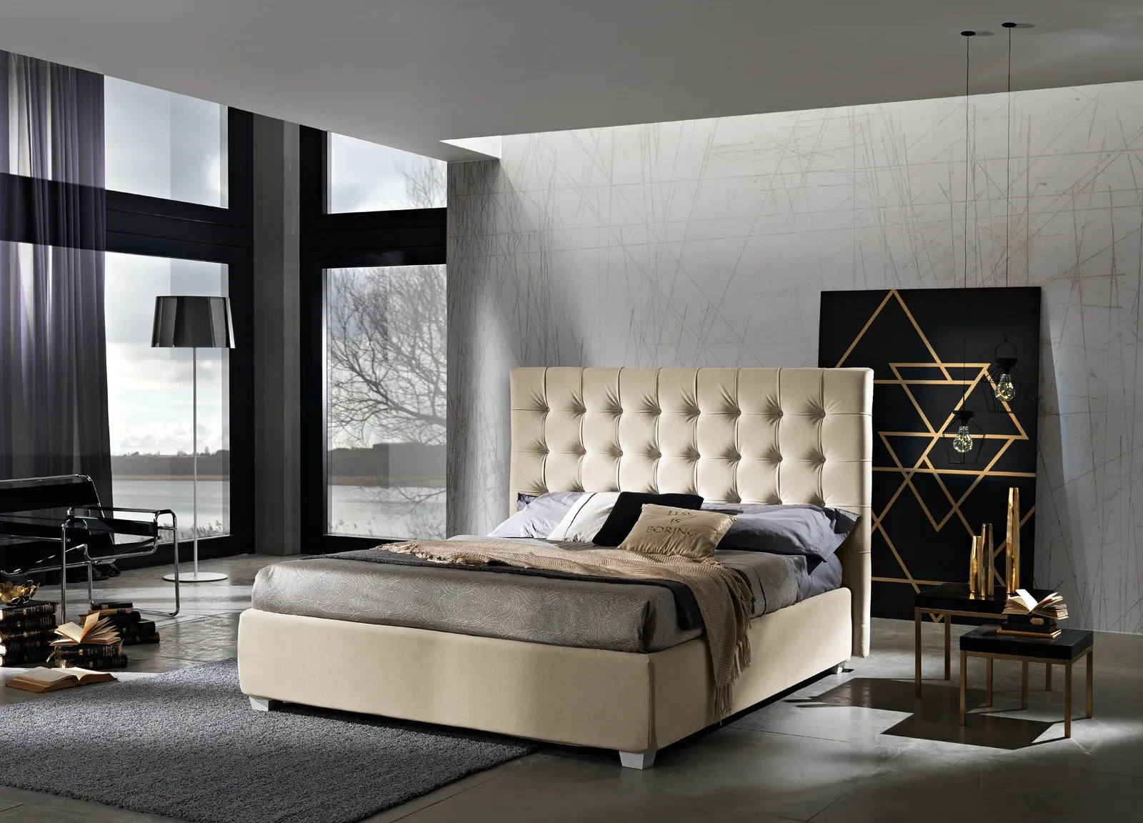 Letto imbottito Eden Alto Artigiana Letti in una camera da letto arredata