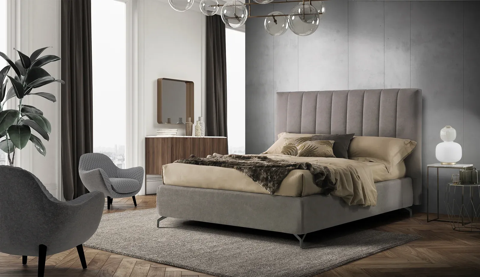 Letto imbottito Navajo Alto Artigiana Letti in una camera da letto arredata