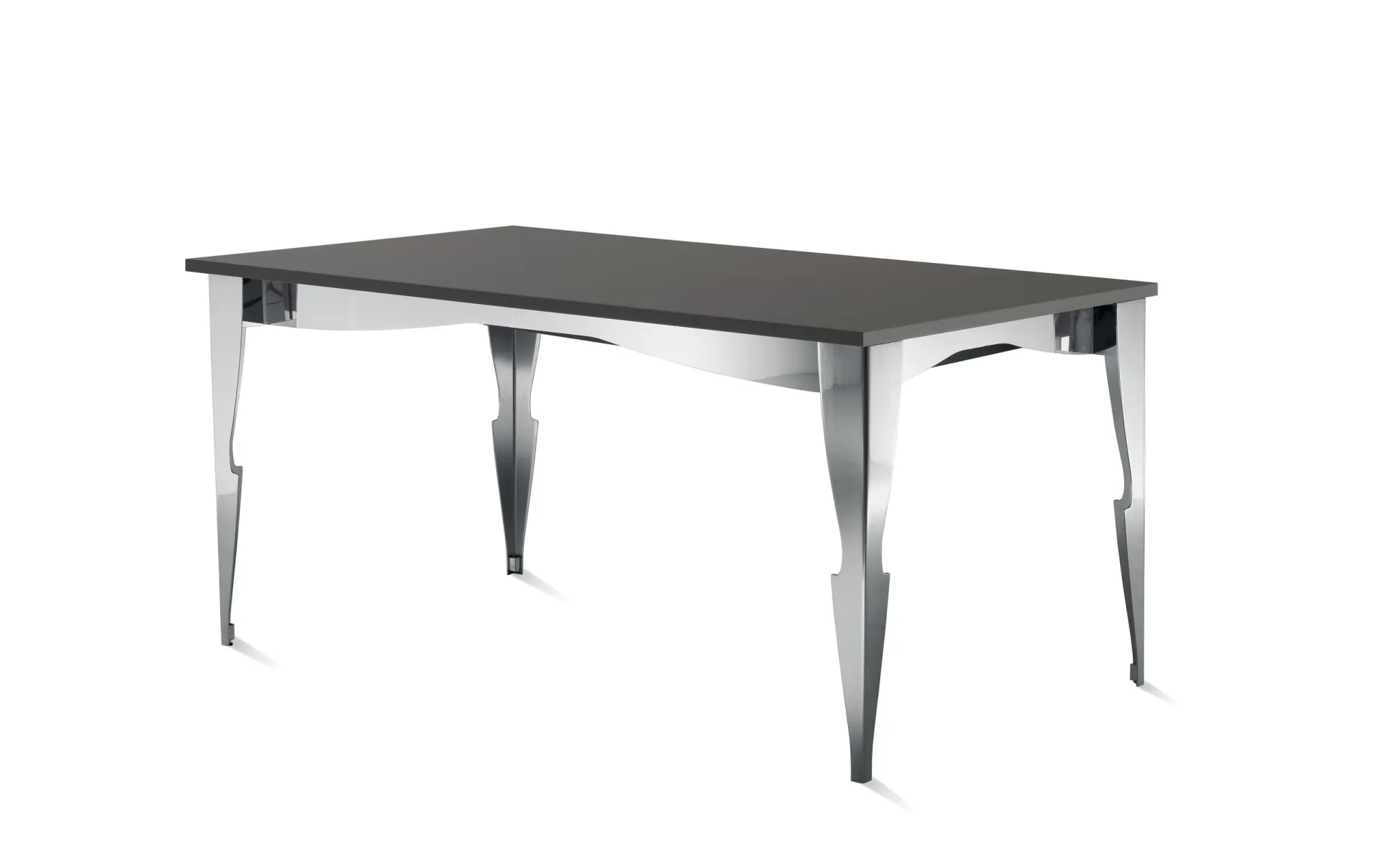 Tavolo Exclusiva Scavolini su fondo bianco, con gambe sagomate in acciaio lucido e piano grigio